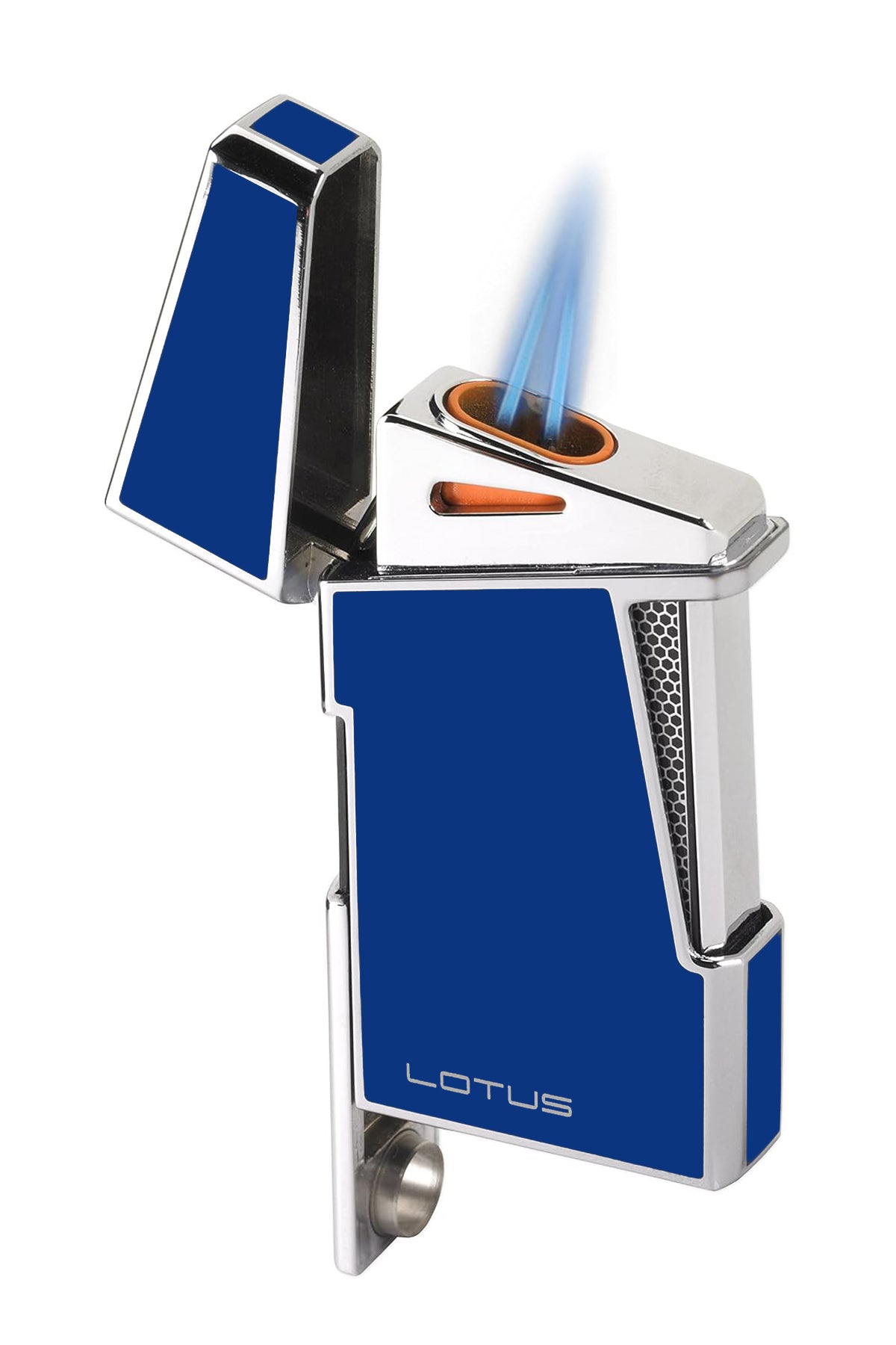 Lotus Apollo Blue Lacquer and Polished Chrome Twin Pinpoint Flame Torch Lighter with Retractable 8mm Cigar Punch